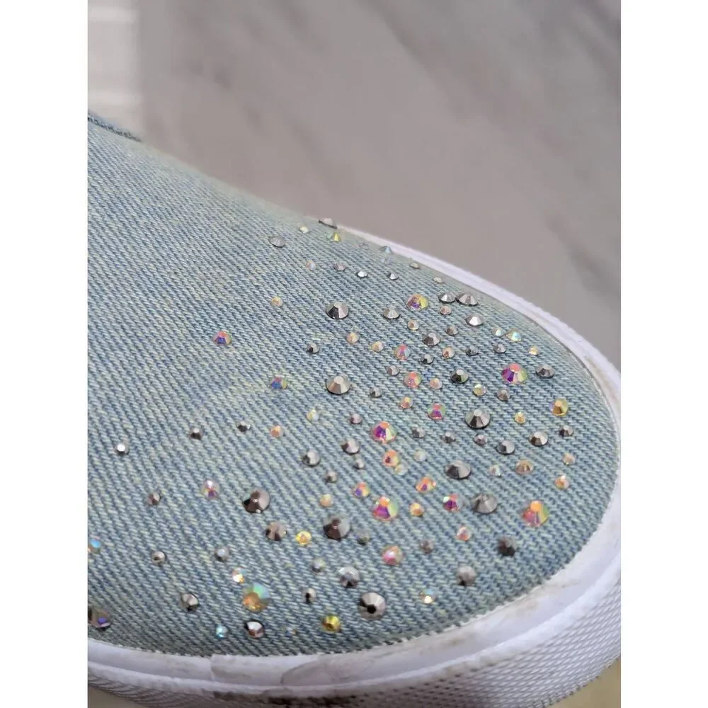 Nine West Women's Blue Denim Slip-On Sparkle Embellished Toe Sneakers Size 8